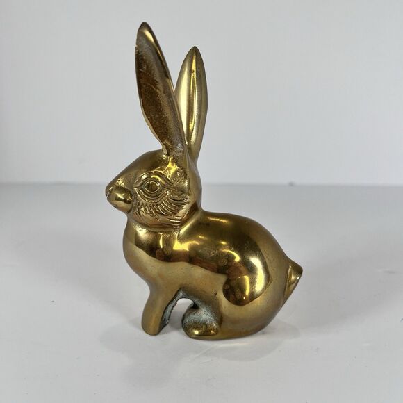Vintage Solid Brass Rabbit Paperweight  Bunny Figurine Whimsical Bookcase Decor - Picture 1 of 9